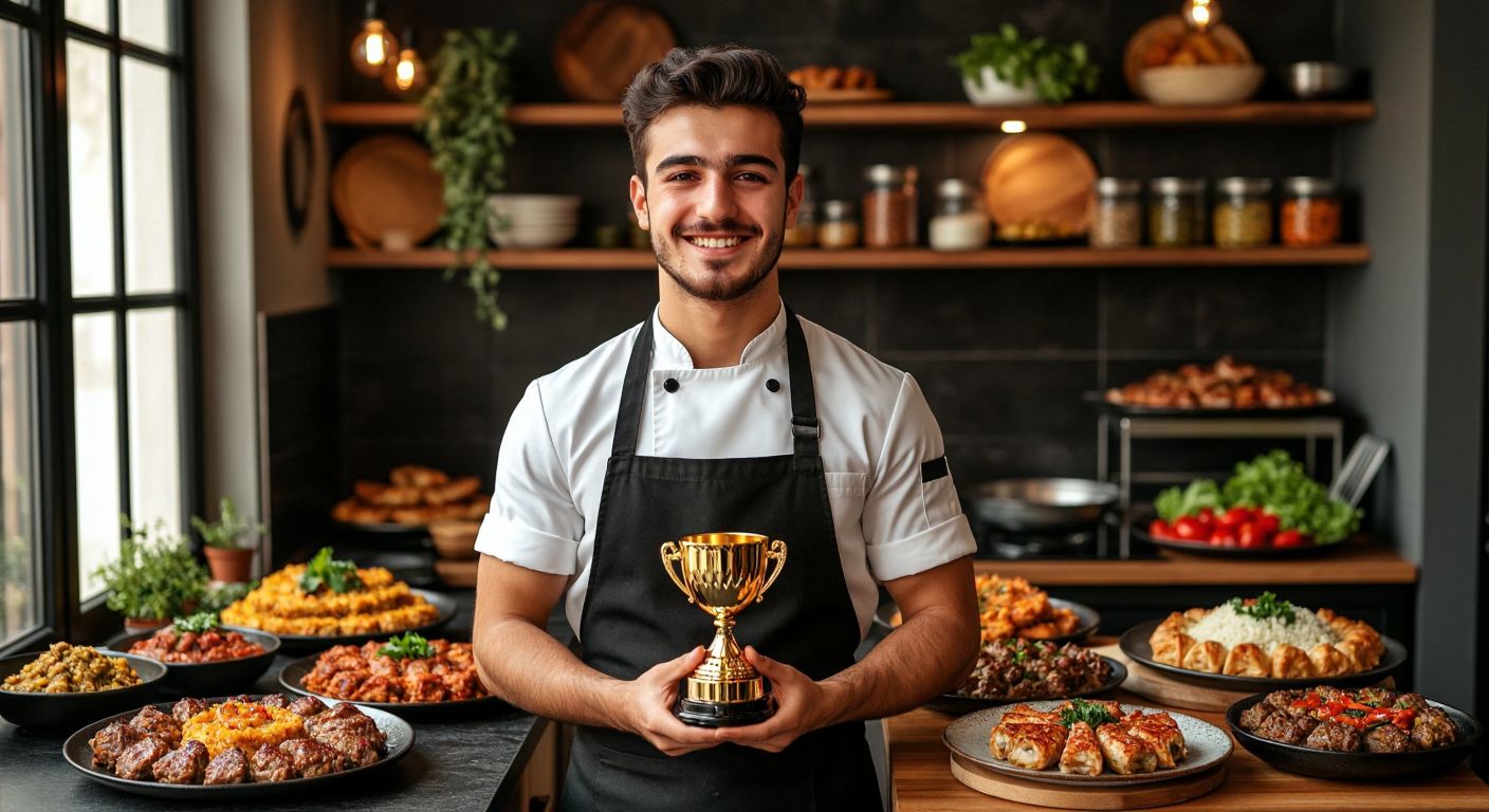 A young Turkish man with a confident smile, wearing a chef's apron and holding a golden trophy, stands in a bright kitchen surrounded by vibrant plates of traditional Turkish dishes like kebabs and baklava.