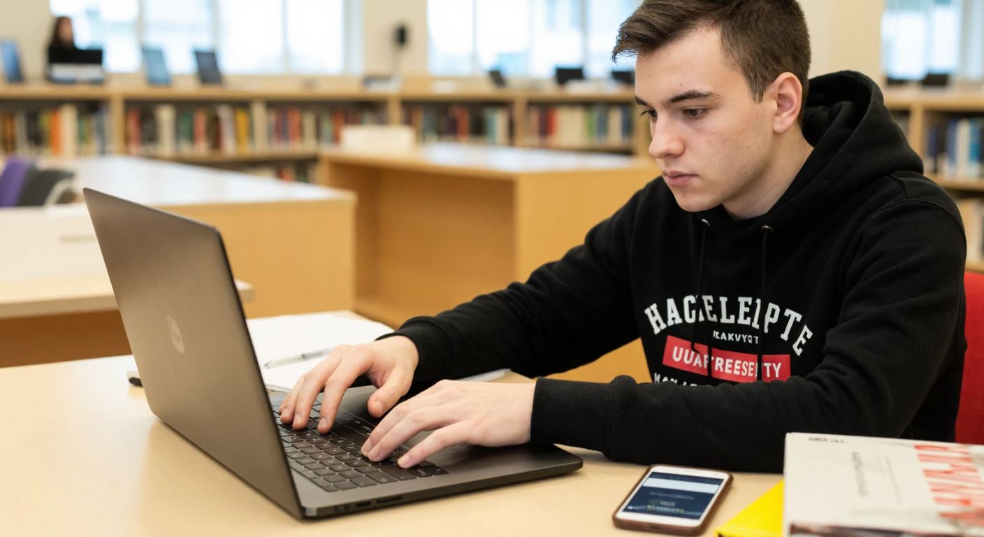 A young student in a university library in Ankara, wearing a Hacettepe University hoodie, intently typing on a laptop with a focused expression, surrounded by academic books and a smartphone displaying a login screen.