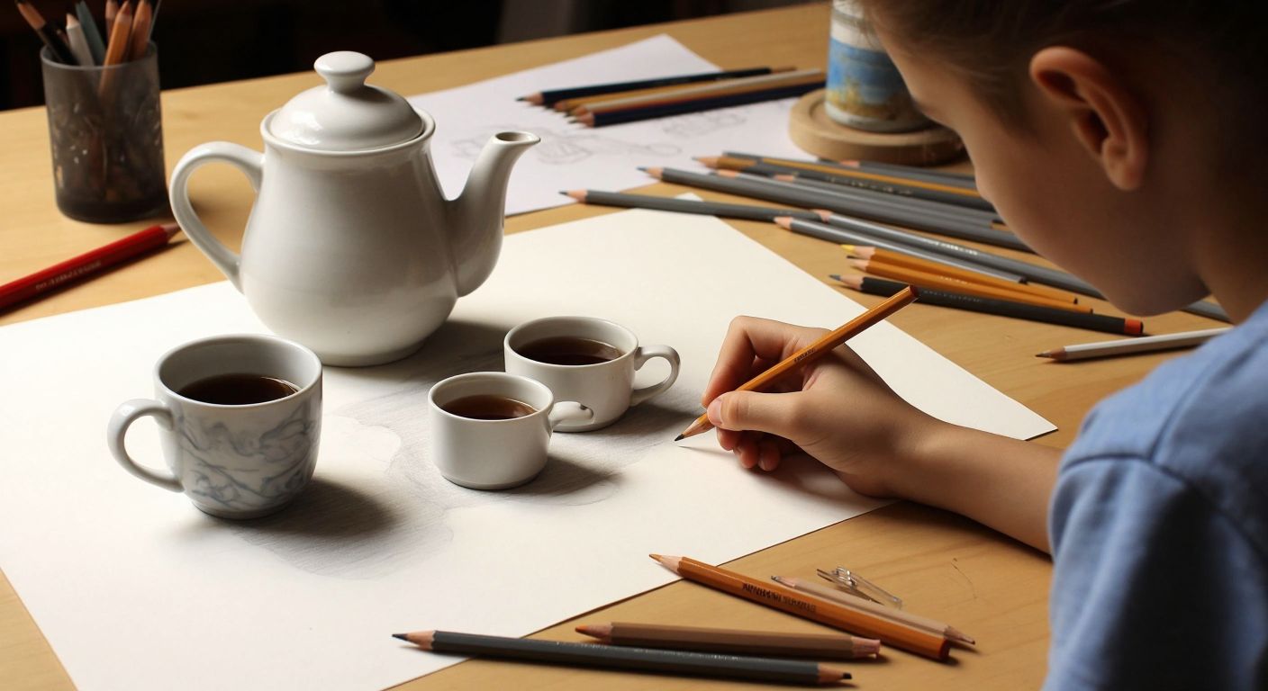 A young artist in Turkey carefully sketches a simple still life of a teapot and cup on textured paper using a graphite pencil, with a kneaded eraser and spare pencils scattered nearby.