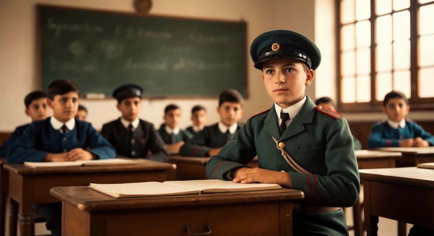 A young Mustafa Kemal Atatürk in a traditional Ottoman-era classroom, wearing a student's uniform, attentively listening to a teacher with old wooden desks and a chalkboard in the background.