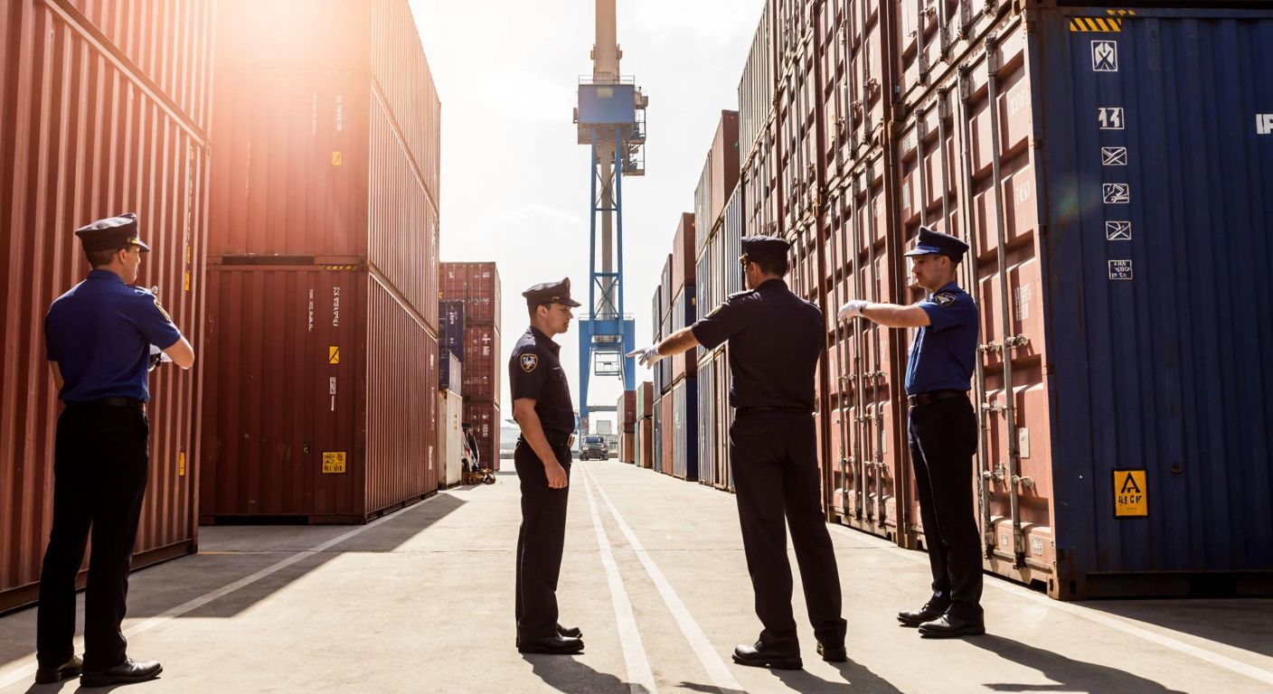 A bustling international port with uniformed customs officers efficiently inspecting cargo containers under a bright sun, symbolizing global trade cooperation and streamlined procedures.