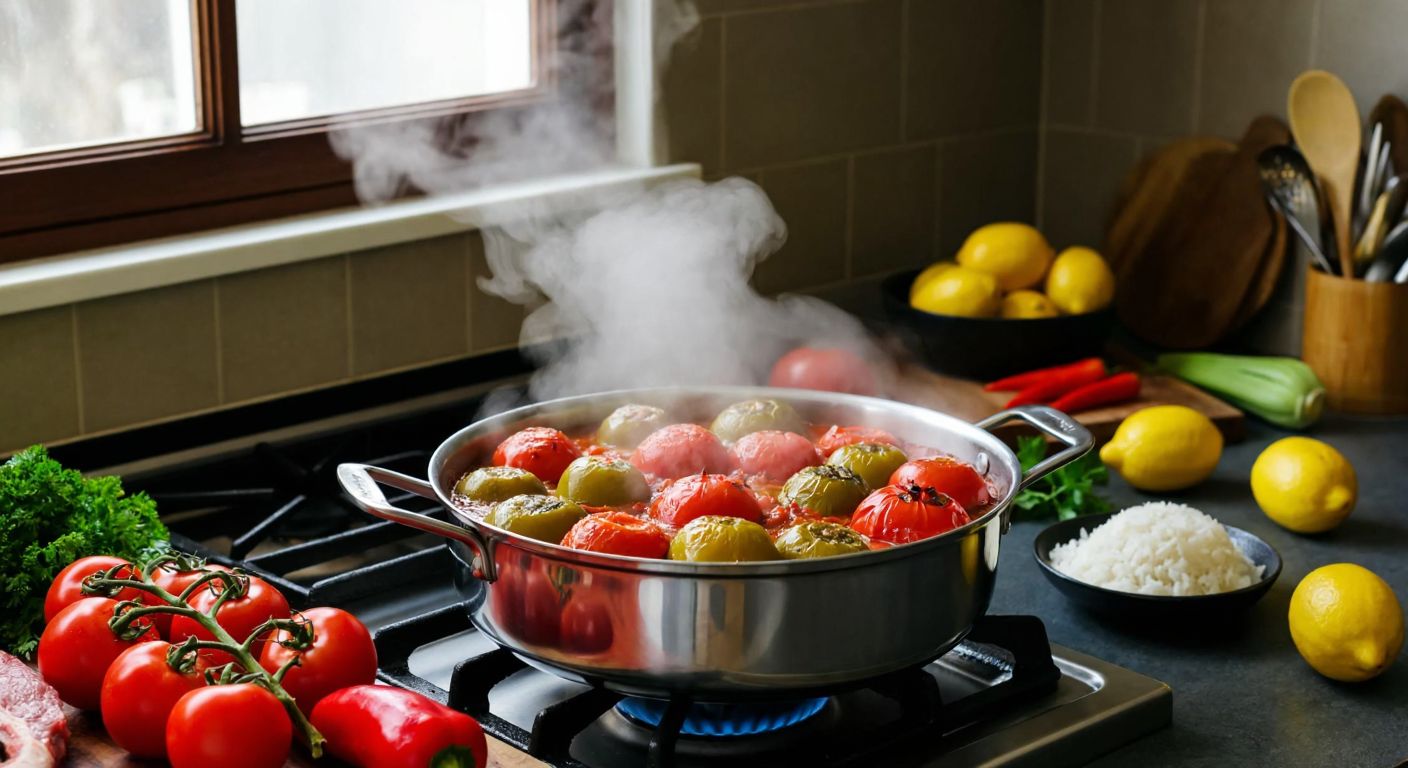 A warm Turkish kitchen with a pot of stuffed peppers simmering on a stove, surrounded by fresh ingredients like rice, minced meat, lemons, and tomatoes, with steam rising gently from the pot.