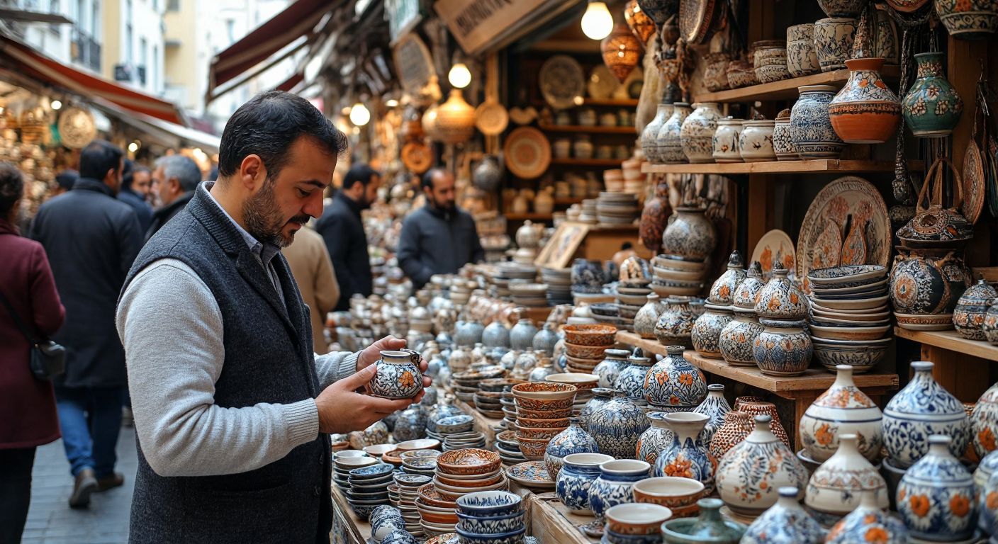 A Turkish entrepreneur in a bustling Istanbul bazaar carefully examines handmade pottery while discussing product ideas with local artisans and potential customers.