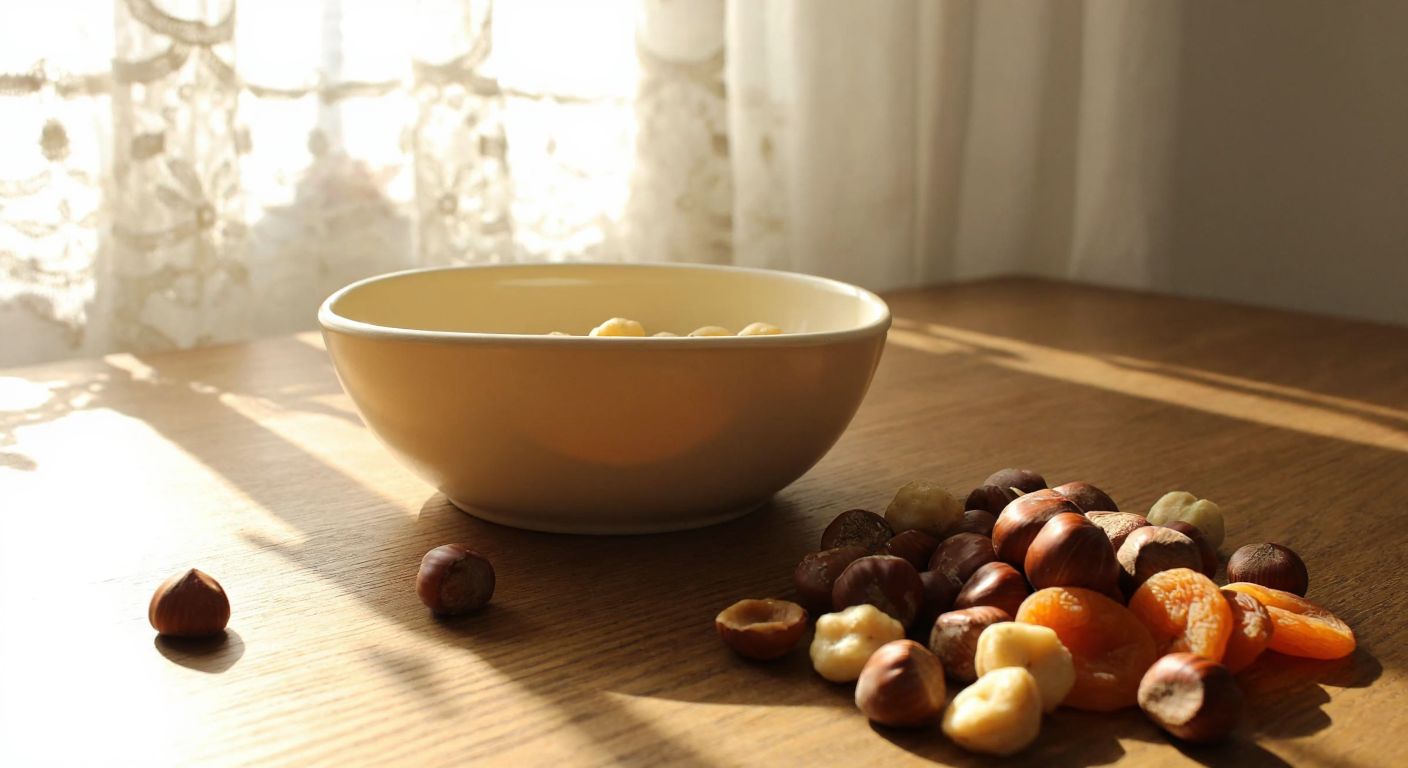 A small, cream-colored ceramic snack bowl (Lina çerezlik) placed on a wooden table in a cozy Turkish home, with hazelnuts and dried apricots spilling out, surrounded by warm sunlight filtering through lace curtains.