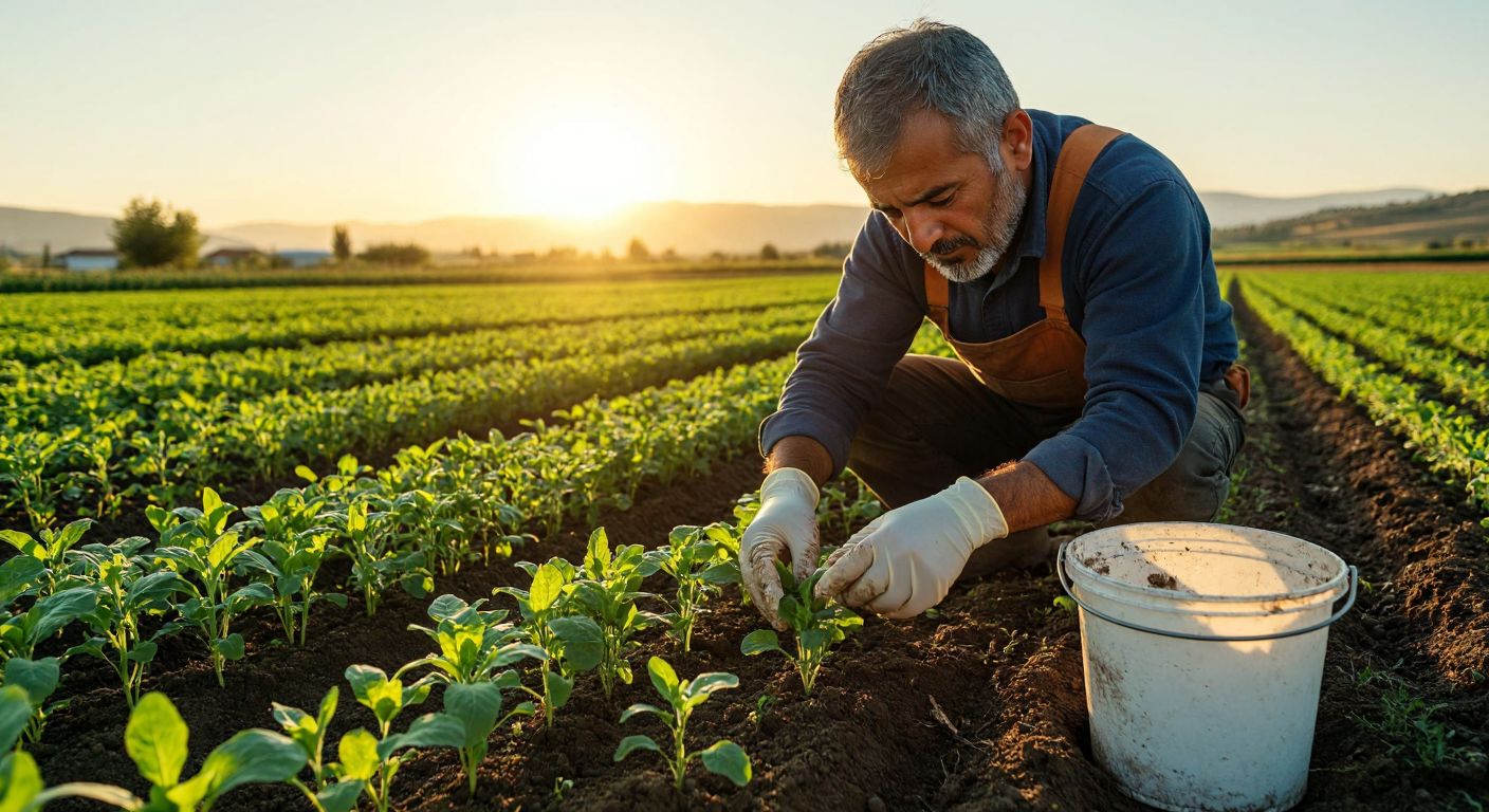 A Turkish farmer in a sunlit field carefully examines healthy green seedlings while wearing clean gloves, with a bucket of disinfectant solution and farming tools nearby.