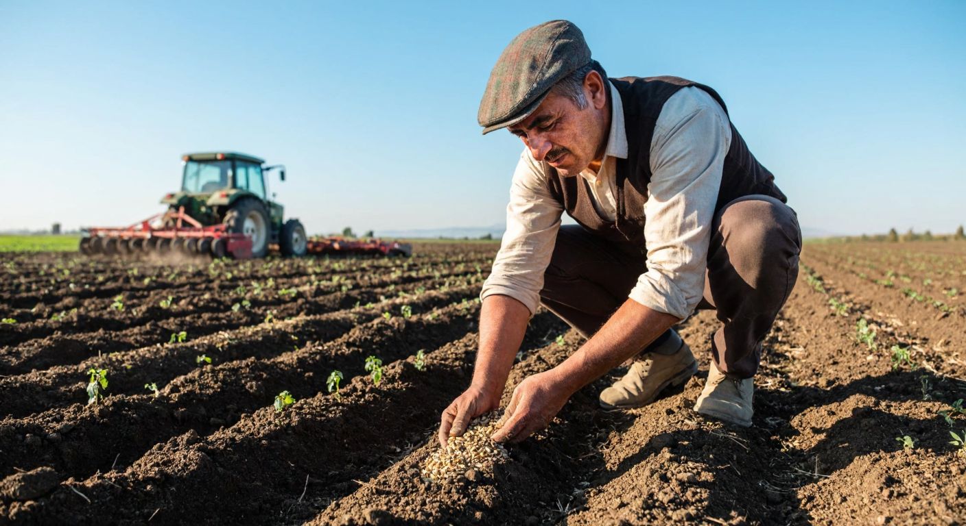 A Turkish farmer in a sunlit field, wearing a traditional flat cap and rolled-up sleeves, carefully sows oat seeds into dark, fertile soil while a tractor plows rows in the background under a clear blue sky.