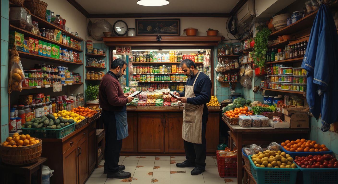 A warm, bustling Turkish neighborhood bakkal with shelves of colorful groceries, where a middle-aged shopkeeper in a traditional apron carefully writes in a worn ledger while a regular customer waits patiently, embodying trust and community bonds.