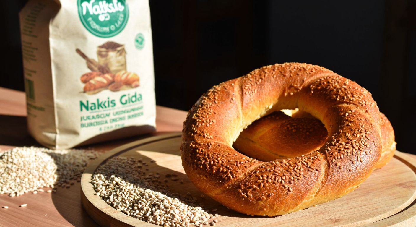 A warm, golden-brown *kandil simidi* (Turkish sesame bread ring) rests on a wooden table, surrounded by scattered sesame seeds and a sack of high-quality flour labeled "Nakış Gıda" in a sunlit bakery.