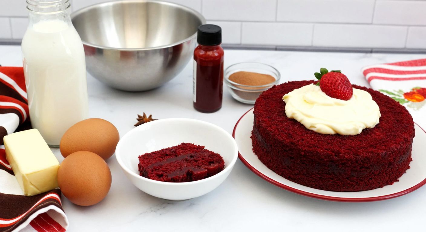 A vibrant Turkish kitchen counter displays fresh ingredients for red velvet cake—eggs, milk, butter, cocoa, and a small bottle of red food dye—neatly arranged beside a mixing bowl, with a slice of finished red velvet cake topped with creamy frosting and a strawberry garnish.