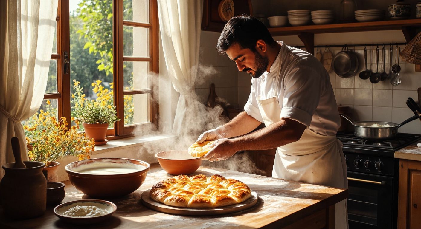 A Turkish cook in a sunlit kitchen kneads soft, stretchy dough for *su böreği* beside a bowl of fresh milk, with golden pastries baking in the oven.