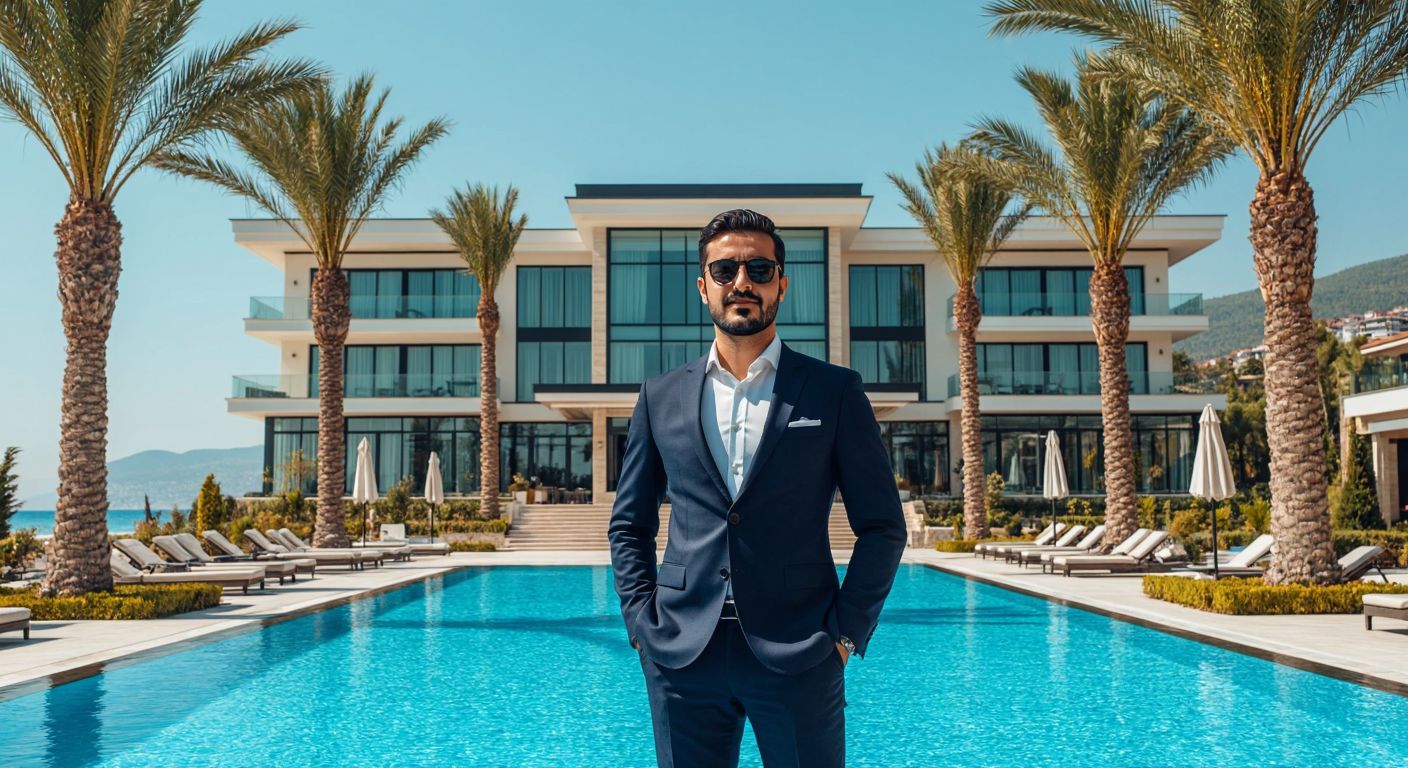 A luxurious seaside hotel in Turkey with modern architecture, owned by a well-dressed Turkish businessman standing proudly in front, surrounded by palm trees and a sparkling blue pool.