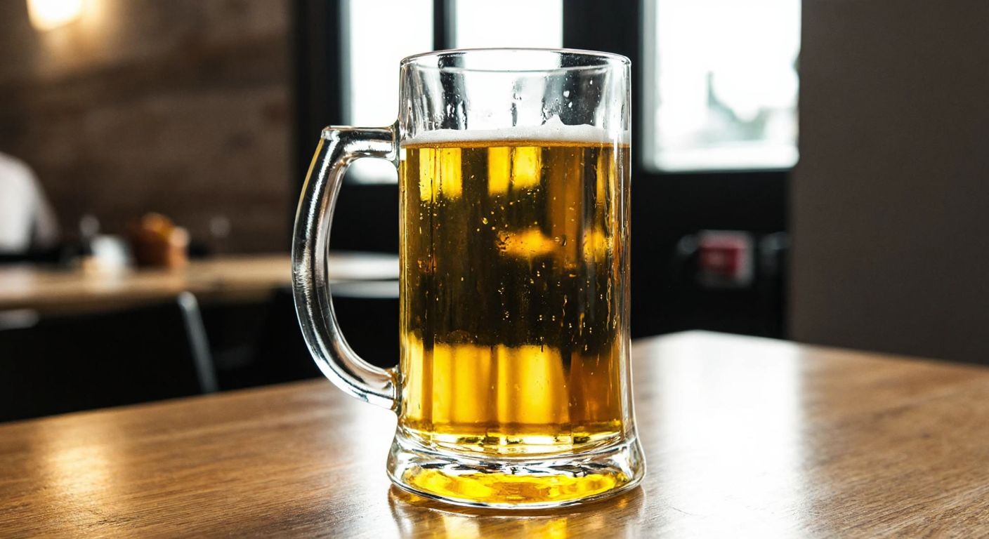 A sturdy, clear glass beer mug with a thick base and smooth sides, placed on a wooden table in a cozy Turkish tavern, with golden beer inside and condensation dripping down the glass.