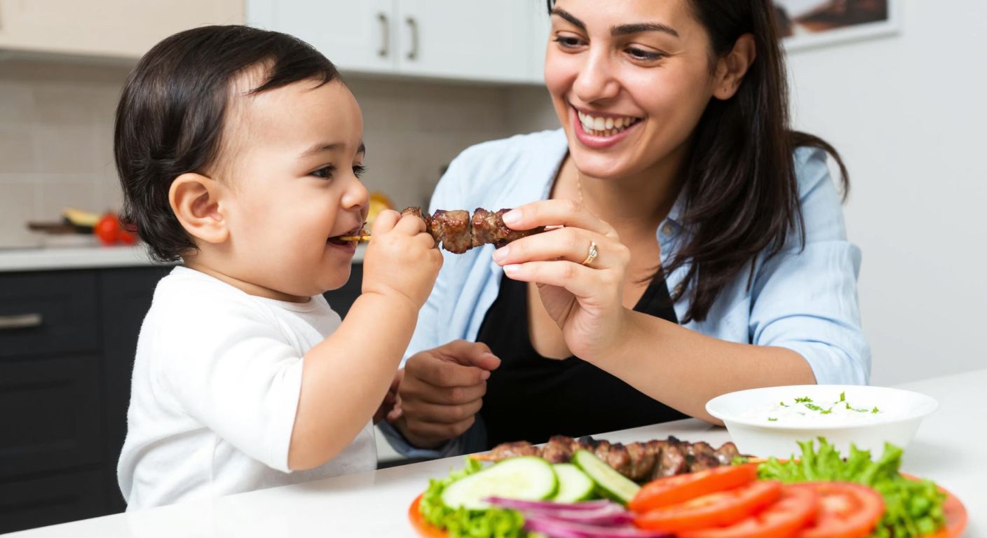 A smiling Turkish mother gently feeding small, tender pieces of grilled kebab to a happy baby in a cozy kitchen, with a colorful plate of fresh vegetables and yogurt on the table.