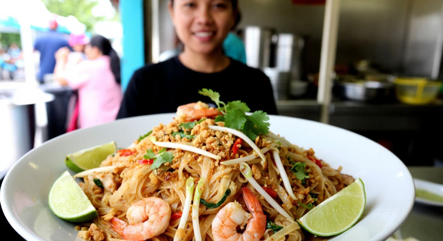A steaming plate of vibrant Pad Thai with rice noodles, shrimp, bean sprouts, and crushed peanuts, garnished with lime wedges and cilantro, served on a bustling Thai street food stall with a smiling vendor in the background.