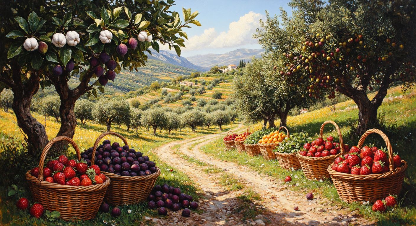 A sunlit Turkish countryside with lush fig and olive trees, cotton fields, chestnut branches heavy with fruit, and baskets overflowing with fresh strawberries and citrus.