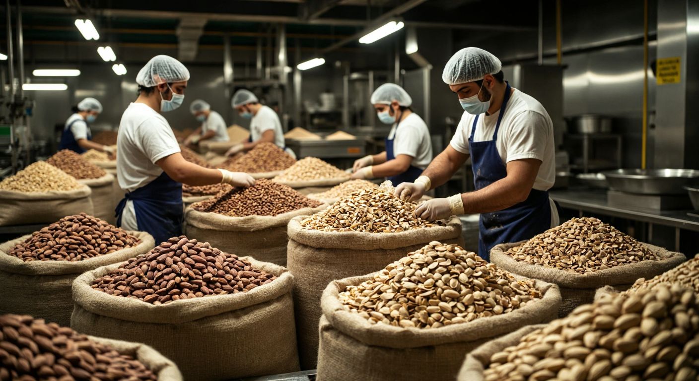 A bustling Turkish food factory with workers in hairnets packing golden roasted pistachios and almonds into sacks, surrounded by sacks of pumpkin seeds and piles of fresh nuts under warm lighting.