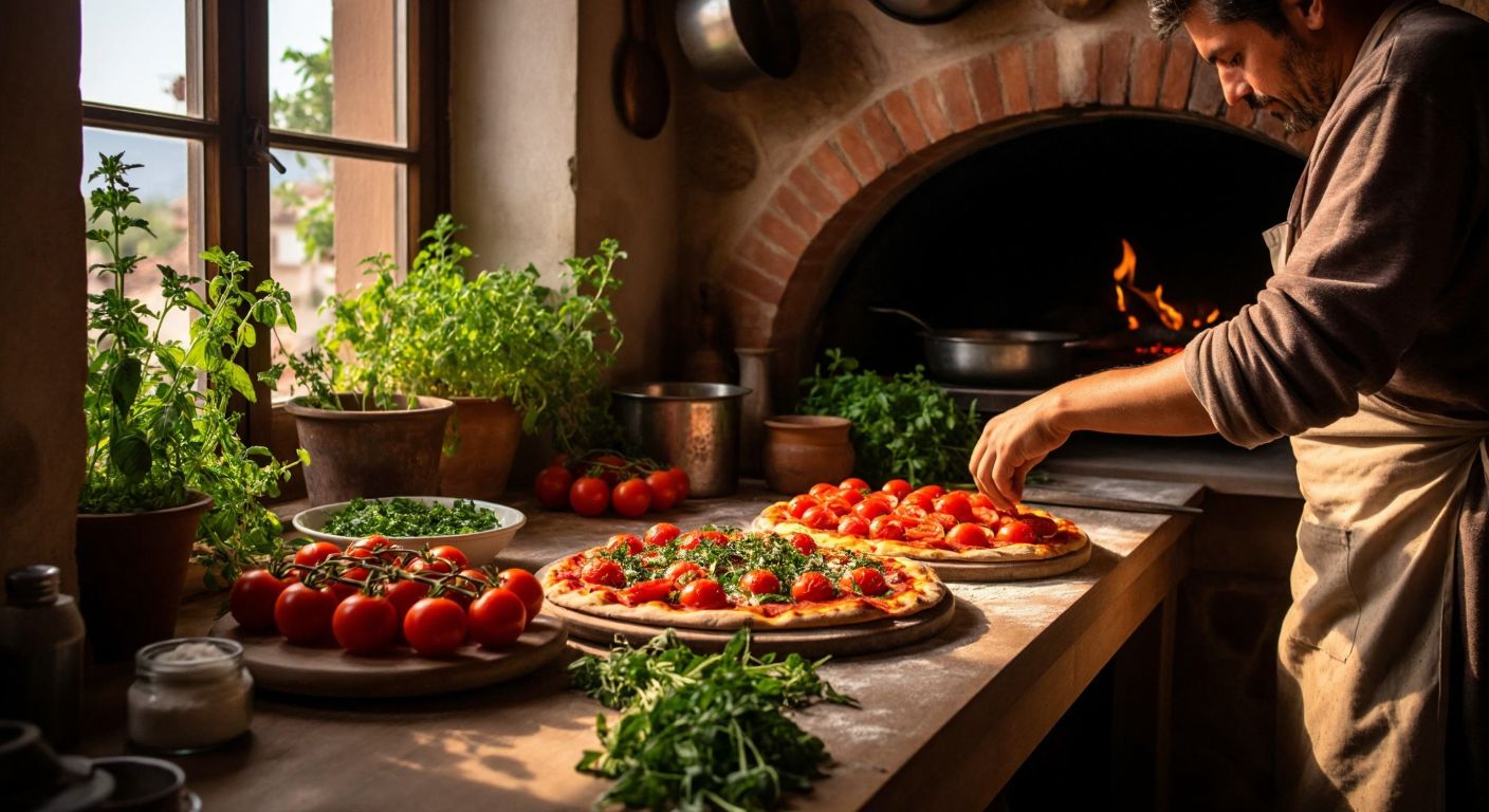 A warm, rustic kitchen in Turkey with a wooden countertop covered in fresh pizza ingredients—ripe tomatoes, mozzarella, and herbs—while hands knead golden dough beside a preheated stone oven.