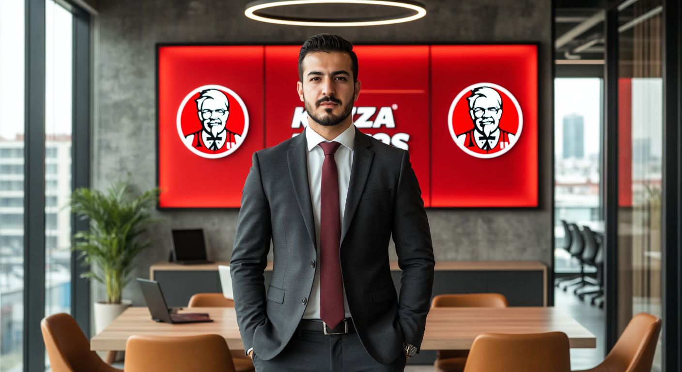 A confident Turkish businessman in a sleek suit stands in a modern office, surrounded by logos of fast-food brands like KFC and Pizza Hut, exuding authority and success.