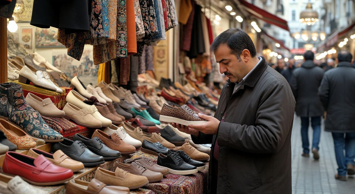 A Turkish shopper in a bustling Istanbul bazaar carefully examines a pair of Laminta shoes, their face reflecting cautious curiosity while a merchant gestures reassuringly toward quality certificates.