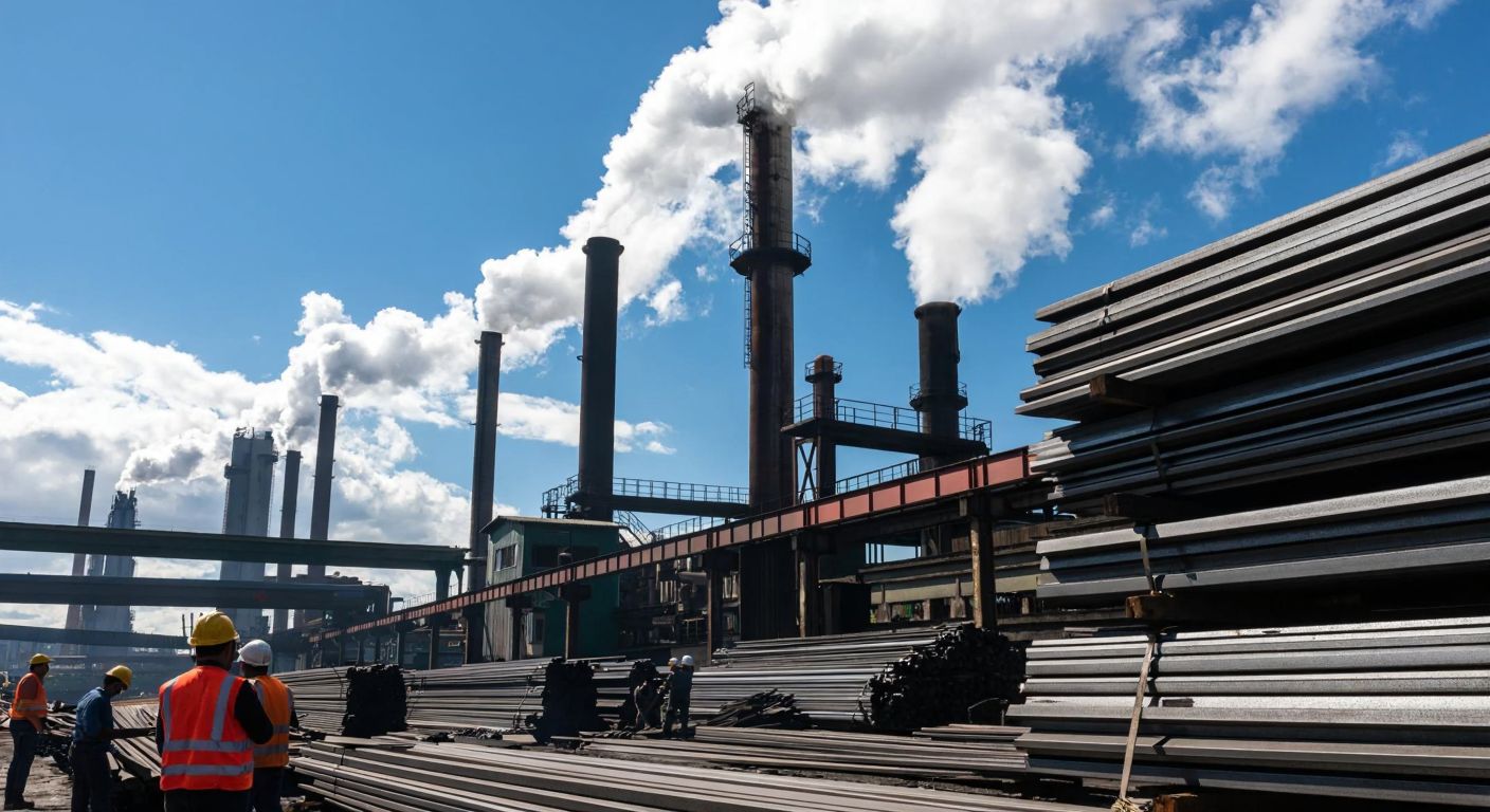 A bustling steel factory in İzmir with smokestacks billowing against a blue sky, workers in hard hats inspecting machinery, and stacks of steel beams reflecting sunlight, conveying industrial strength and ownership.