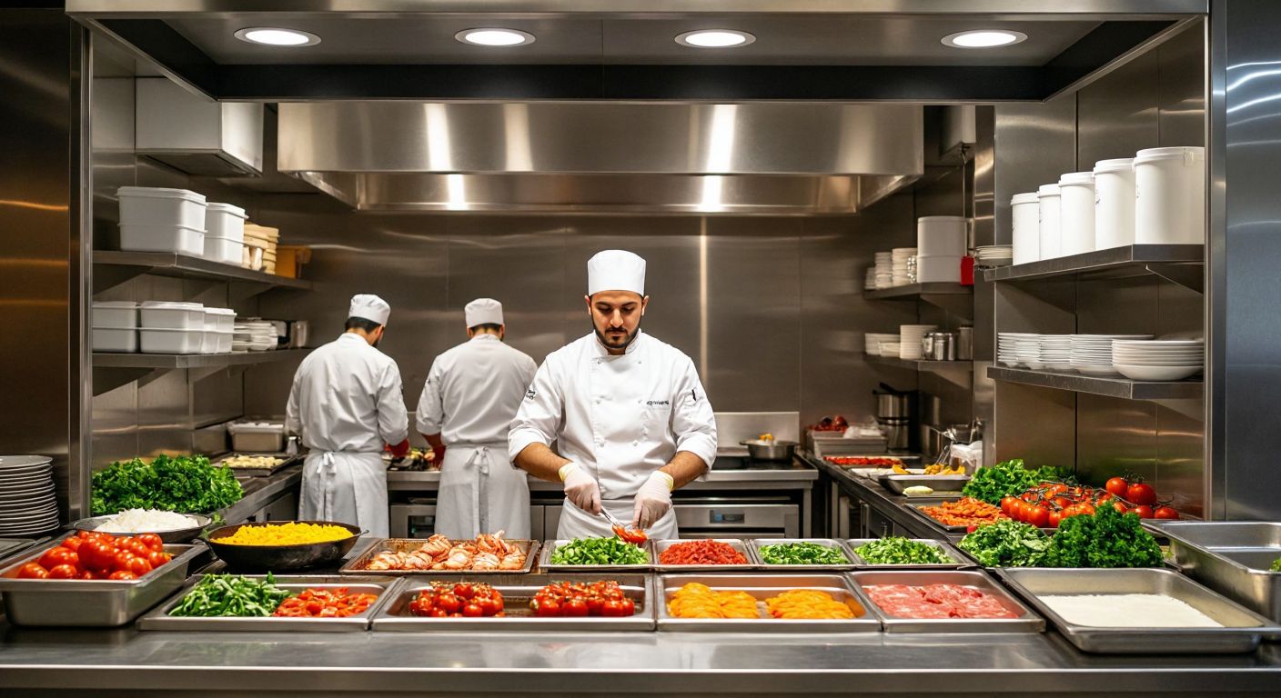 A clean, modern Turkish restaurant kitchen with chefs in white uniforms and hairnets meticulously preparing fresh ingredients, stainless steel surfaces gleaming under bright lights, and neatly organized storage shelves with labeled containers.