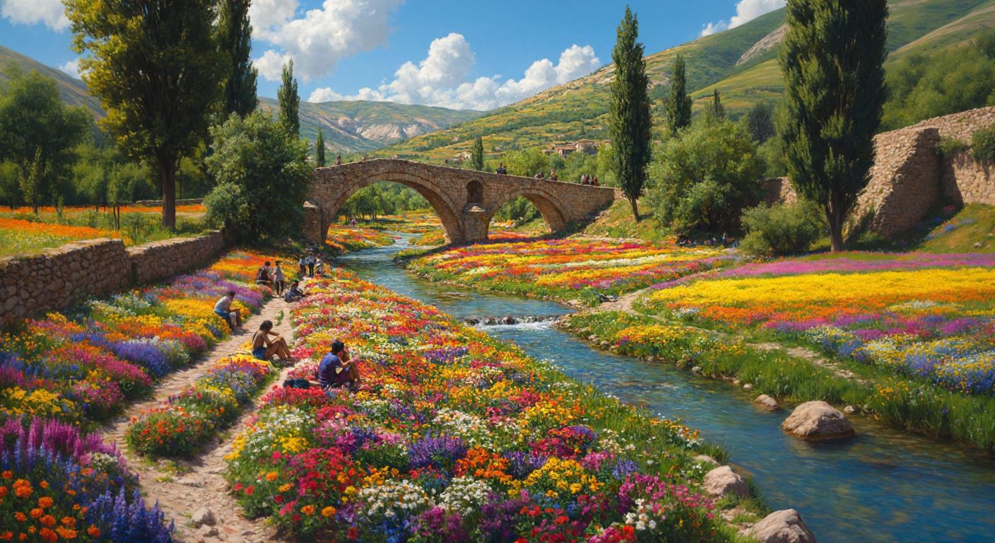 A vibrant Turkish countryside scene with colorful flower fields in full bloom, a historic stone bridge over a small river, and people relaxing near a thermal spring surrounded by lush greenery.