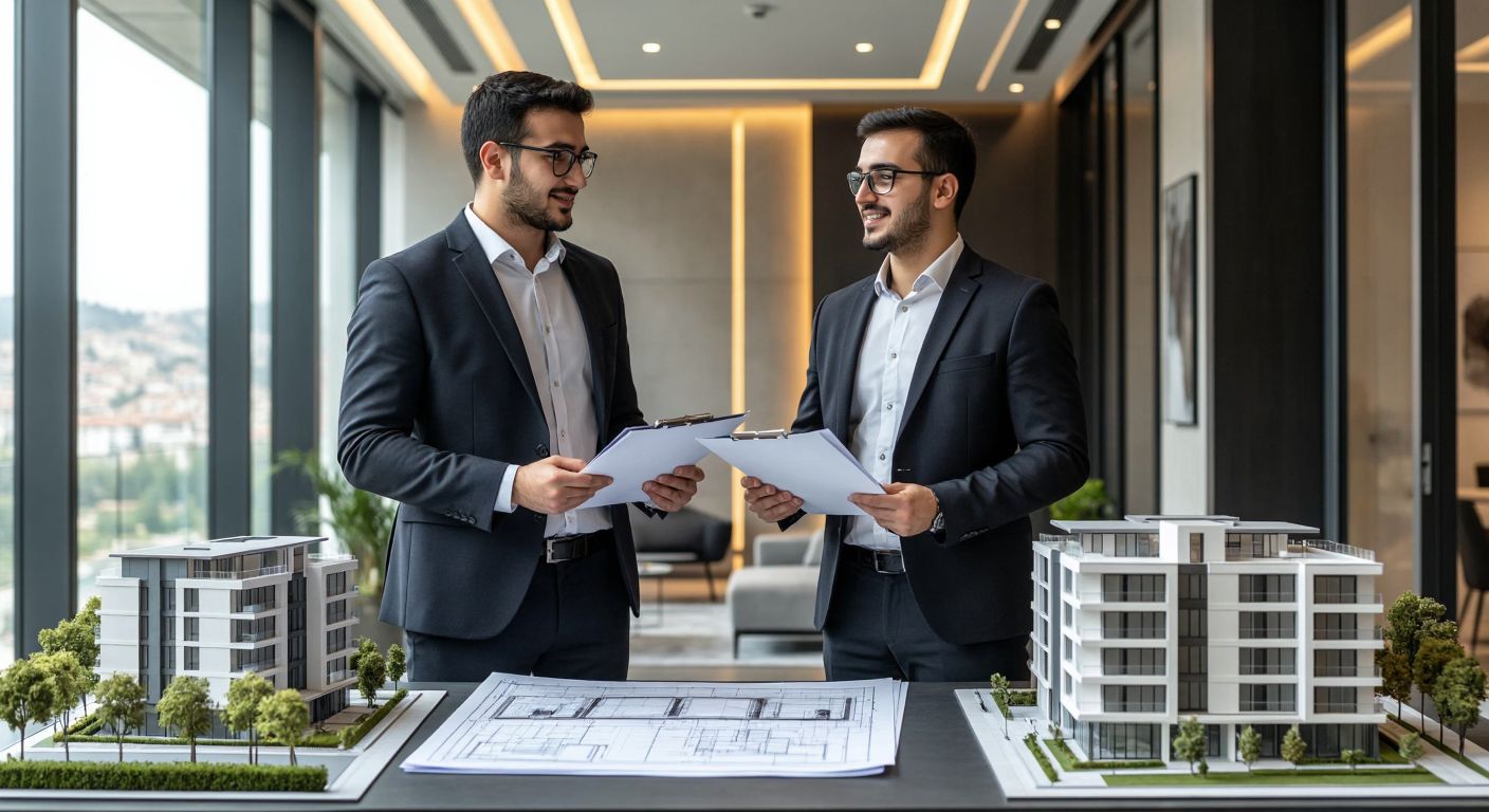 A modern Turkish office building with a professional evaluator in a suit confidently presenting a property report to a satisfied client, surrounded by architectural blueprints and a scale model of a residential complex.
