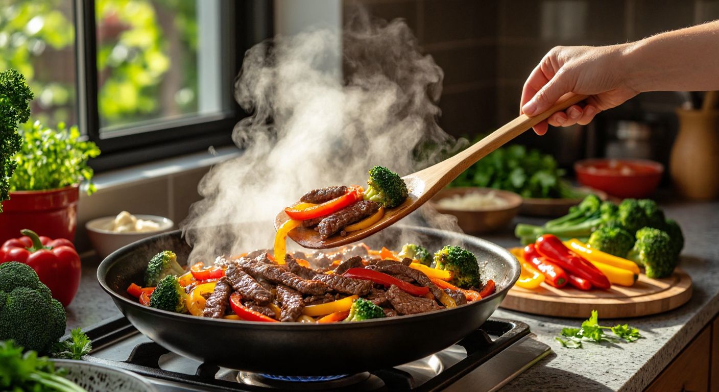 A steaming wok sizzles with colorful strips of beef, bell peppers, and broccoli, tossed by a hand holding a wooden spatula, while a neatly arranged mise en place of chopped ingredients sits nearby on a sunlit kitchen counter in Turkey.