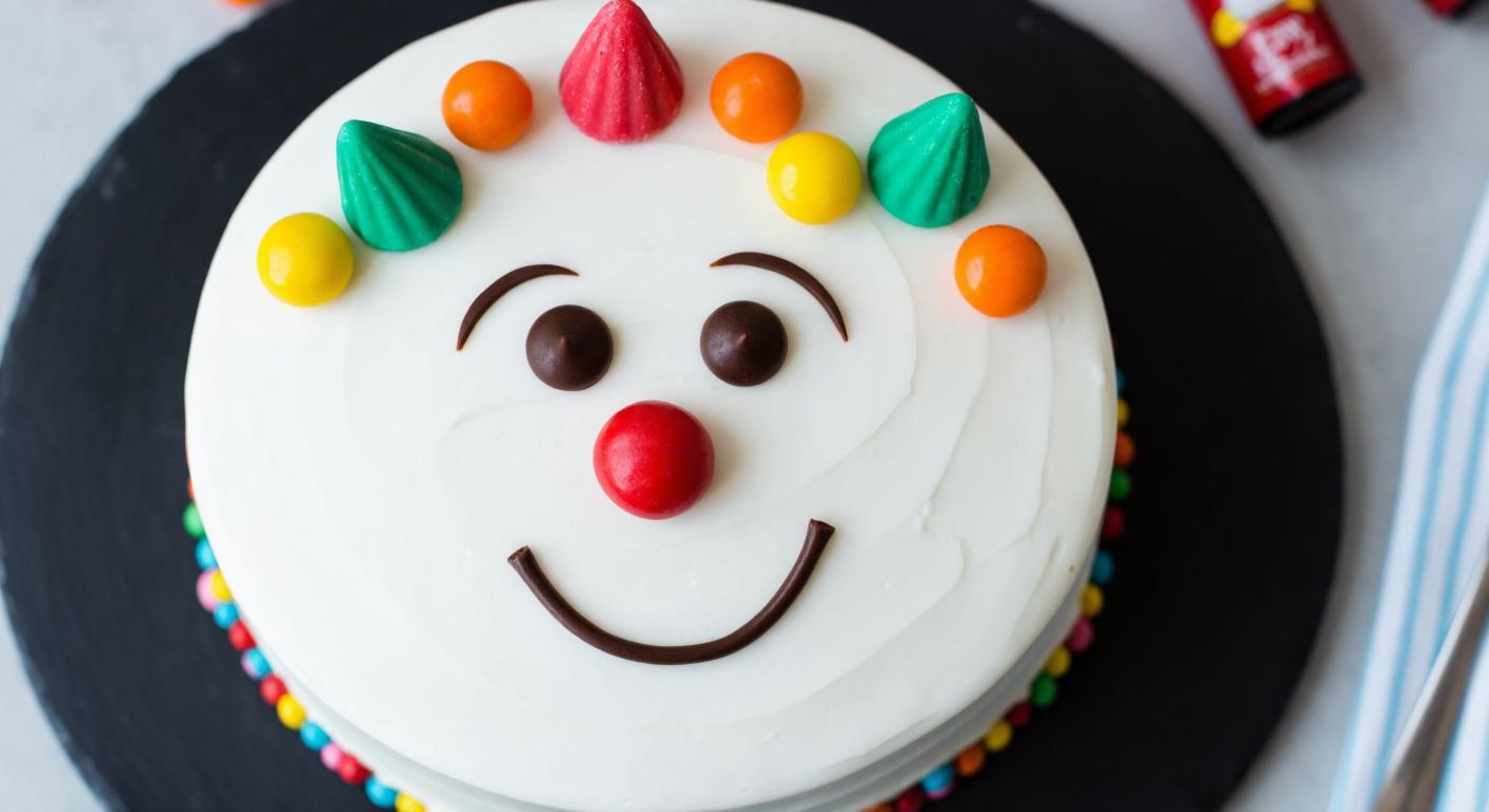 A round white cake decorated with chocolate drop eyes, a red candy mouth, a carrot nose, and colorful bonbon hat pieces, evoking a cheerful snowman face.