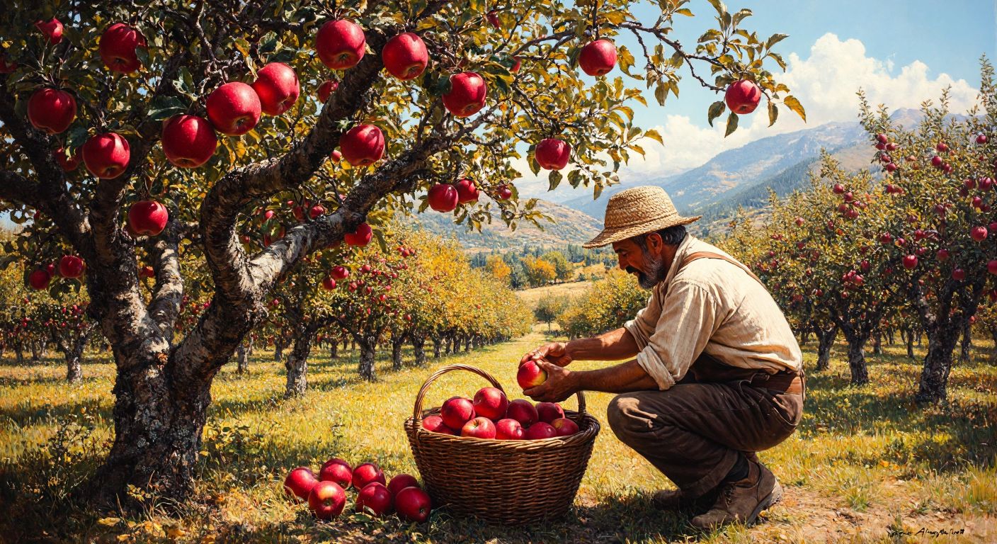 A sunlit orchard in Amasya with ripe, red **misket elması** apples hanging from gnarled branches, as a farmer in a woven cap gently plucks one into a woven basket during golden autumn.