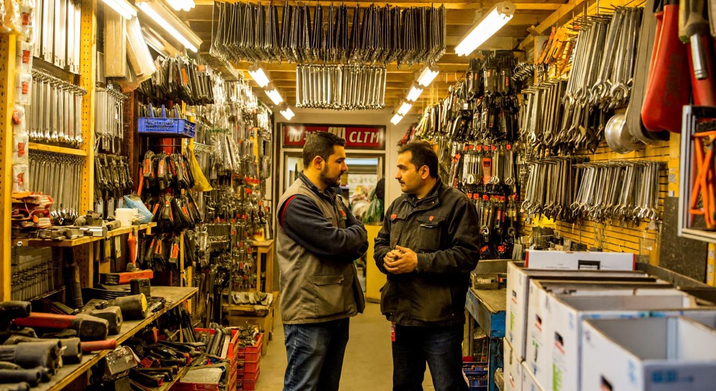 A bustling hardware store in Istanbul with shelves stacked with tools, two men in workwear discussing business, and the warm glow of industrial lighting reflecting off metal fixtures.