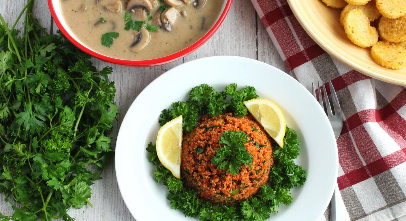 A vibrant plate of kısır with fresh parsley and lemon wedges, paired with a steaming bowl of creamy mushroom soup, set on a rustic wooden table with a checkered cloth.