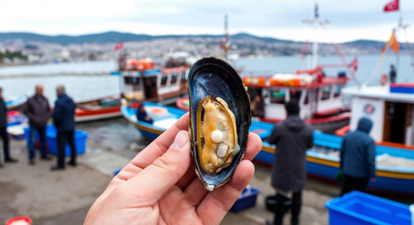 A hand holding an open mussel with a small pearl inside, set against a backdrop of a bustling Turkish seafood market with vendors and colorful fishing boats.
