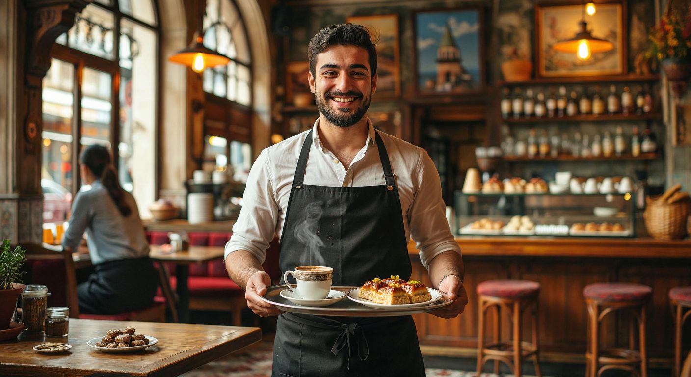 A smiling waiter in a casual Turkish café setting, holding a tray with a steaming cup of Turkish coffee and a small plate of baklava, while a customer discreetly leaves coins on the table.