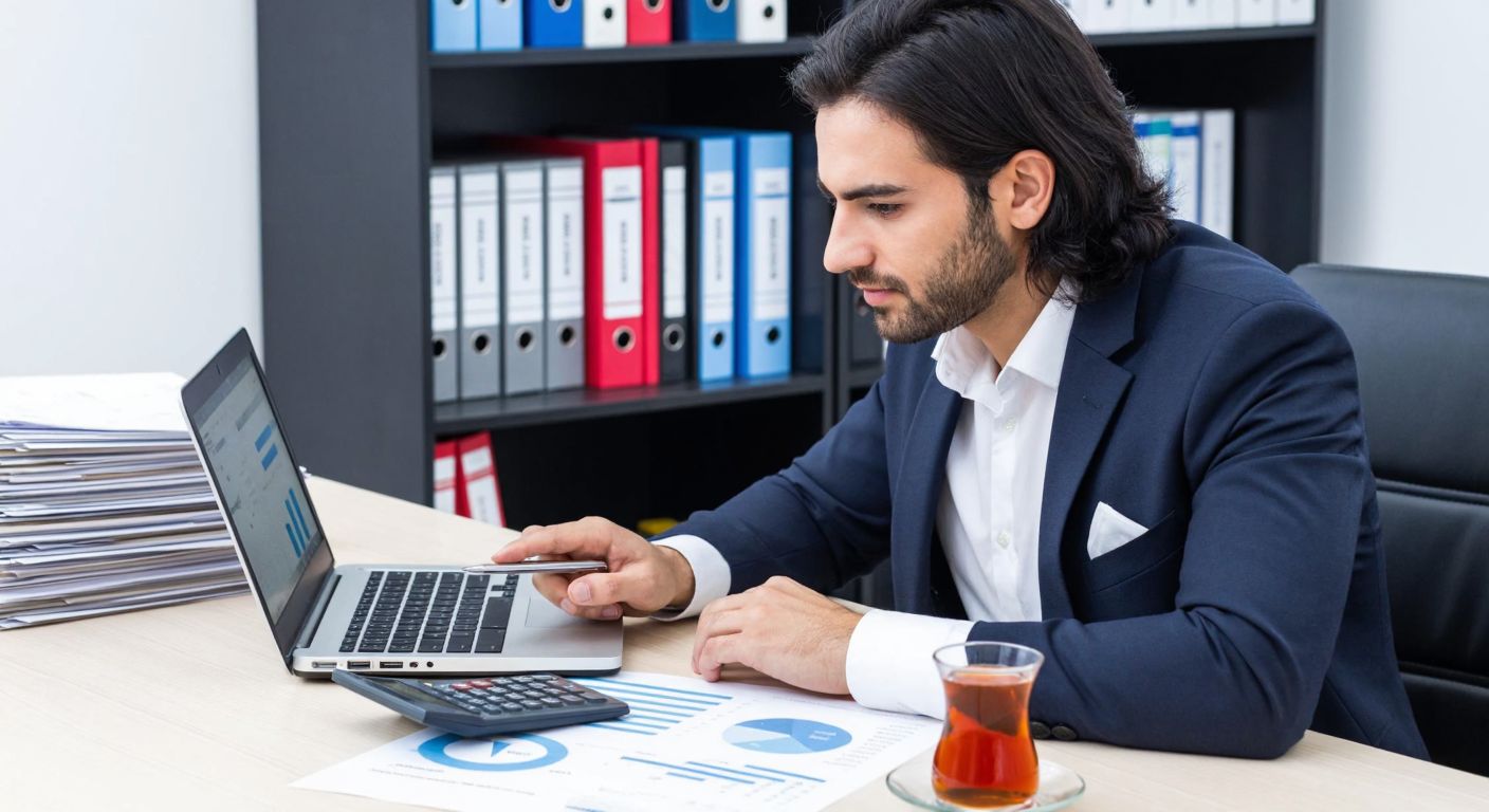 A focused Turkish businessperson in a modern office, reviewing financial documents with a calculator and a laptop displaying charts, surrounded by neatly stacked folders and a steaming cup of Turkish tea.