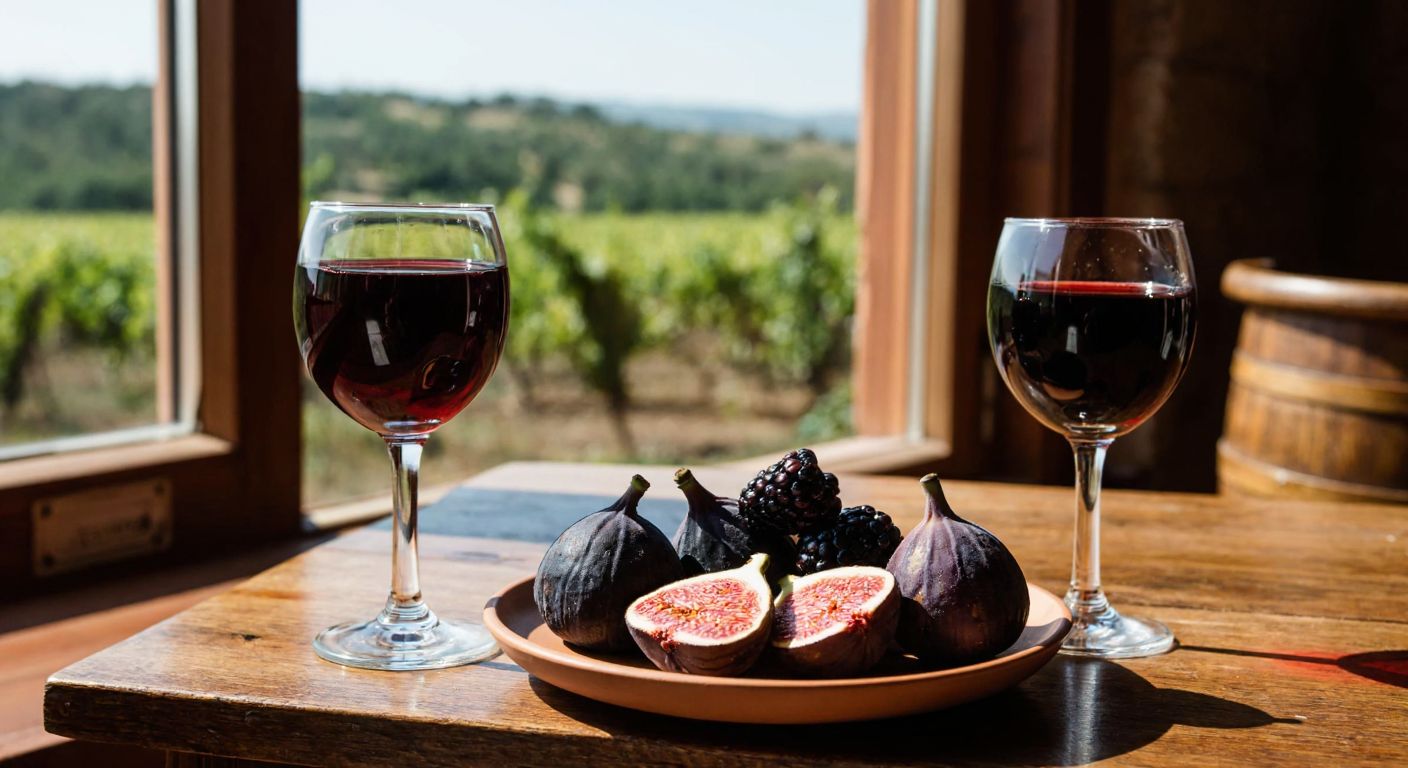 A rustic wooden table in a cozy Turkish setting holds two glasses of Vincent wine—one dark red (karadut) and one deep purple (böğürtlen)—beside a small plate of fresh figs and walnuts, with a sunlit vineyard visible through an open window.