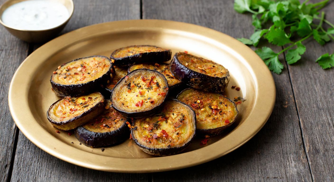 A golden plate of crispy fried eggplant slices dusted with black pepper, thyme, red pepper flakes, cumin, and curry, placed on a rustic wooden table with a small bowl of yogurt and fresh parsley sprigs nearby.