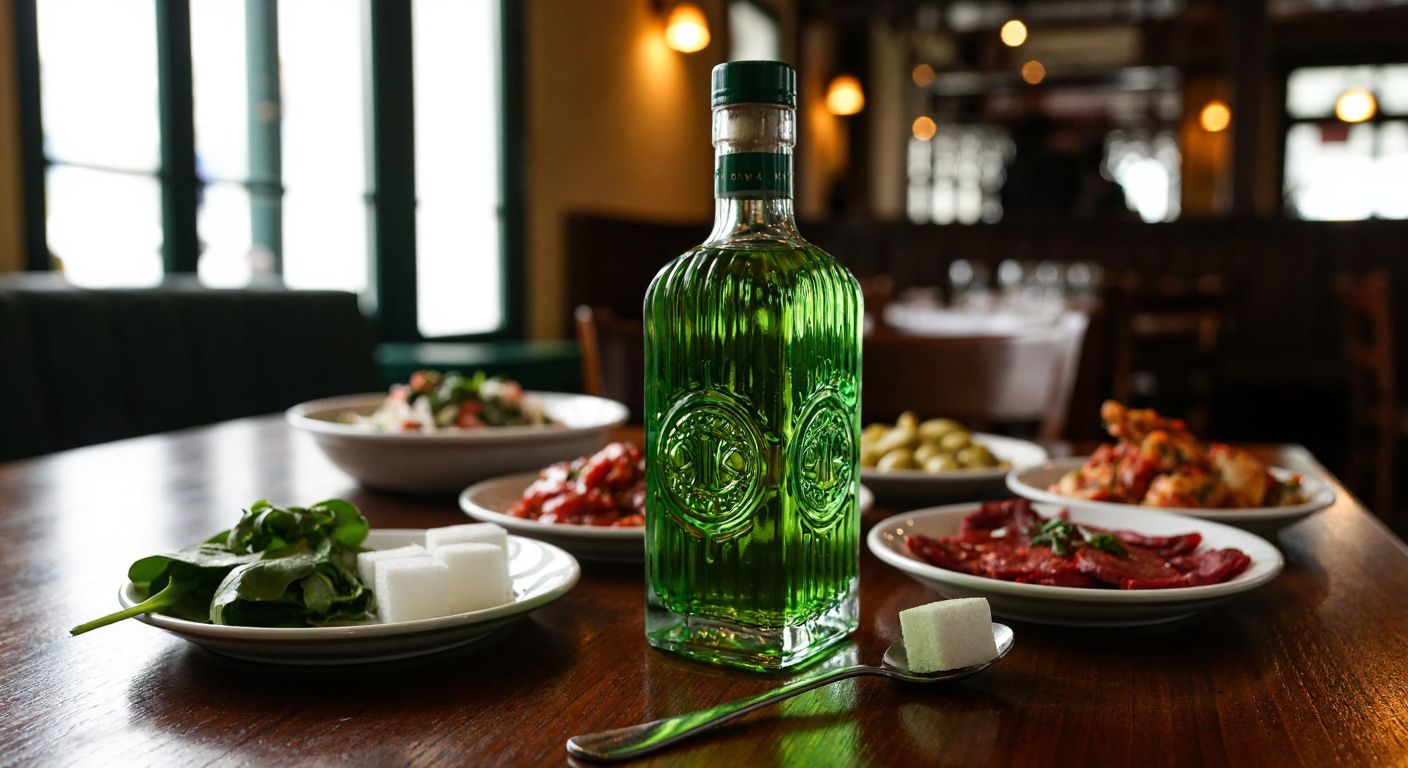 A clear glass bottle of absinthe with a deep green hue sits on a wooden table in a dimly lit Turkish meyhane, surrounded by small plates of meze and a single sugar cube on a slotted spoon.