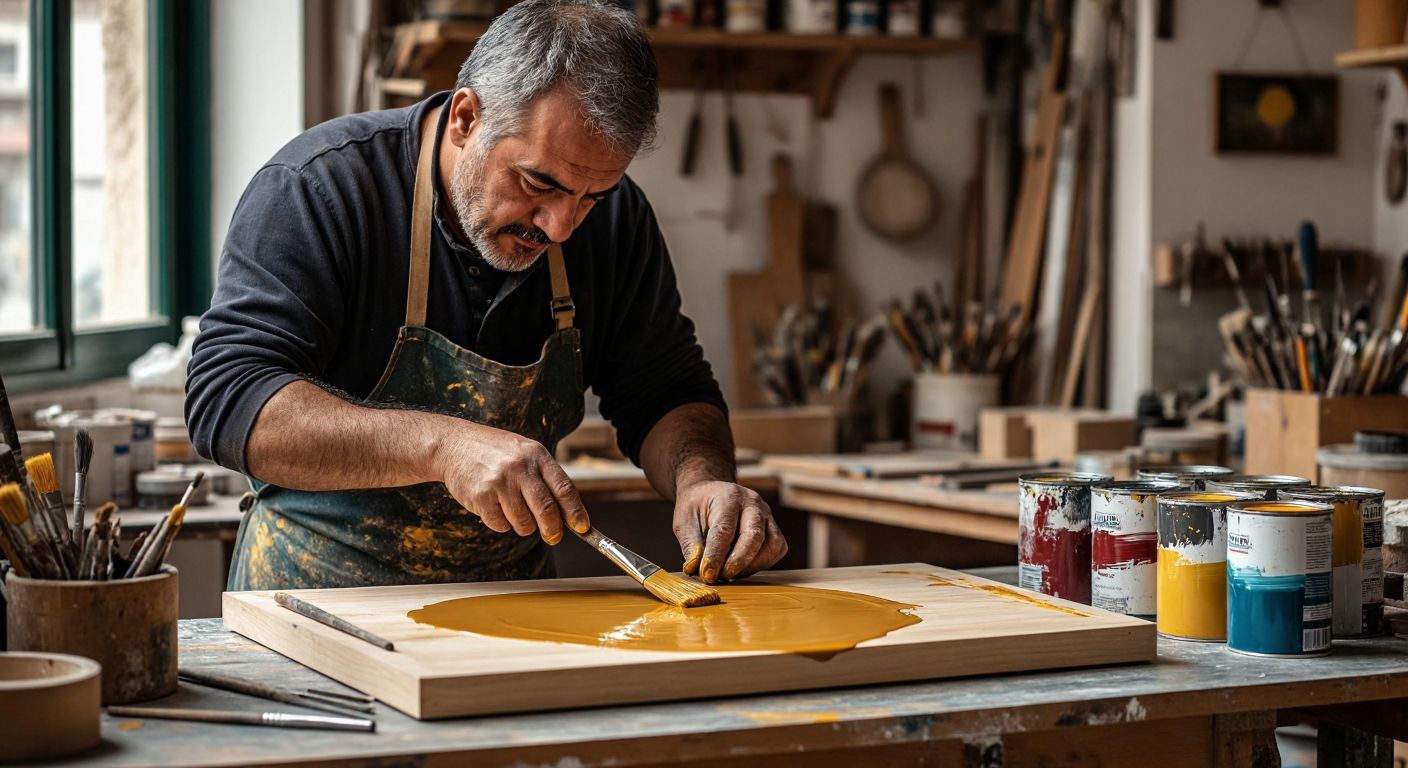 A Turkish craftsman in a workshop carefully applies smooth, glossy paint to a wooden surface using a brush, with cans of paint and tools neatly arranged nearby.