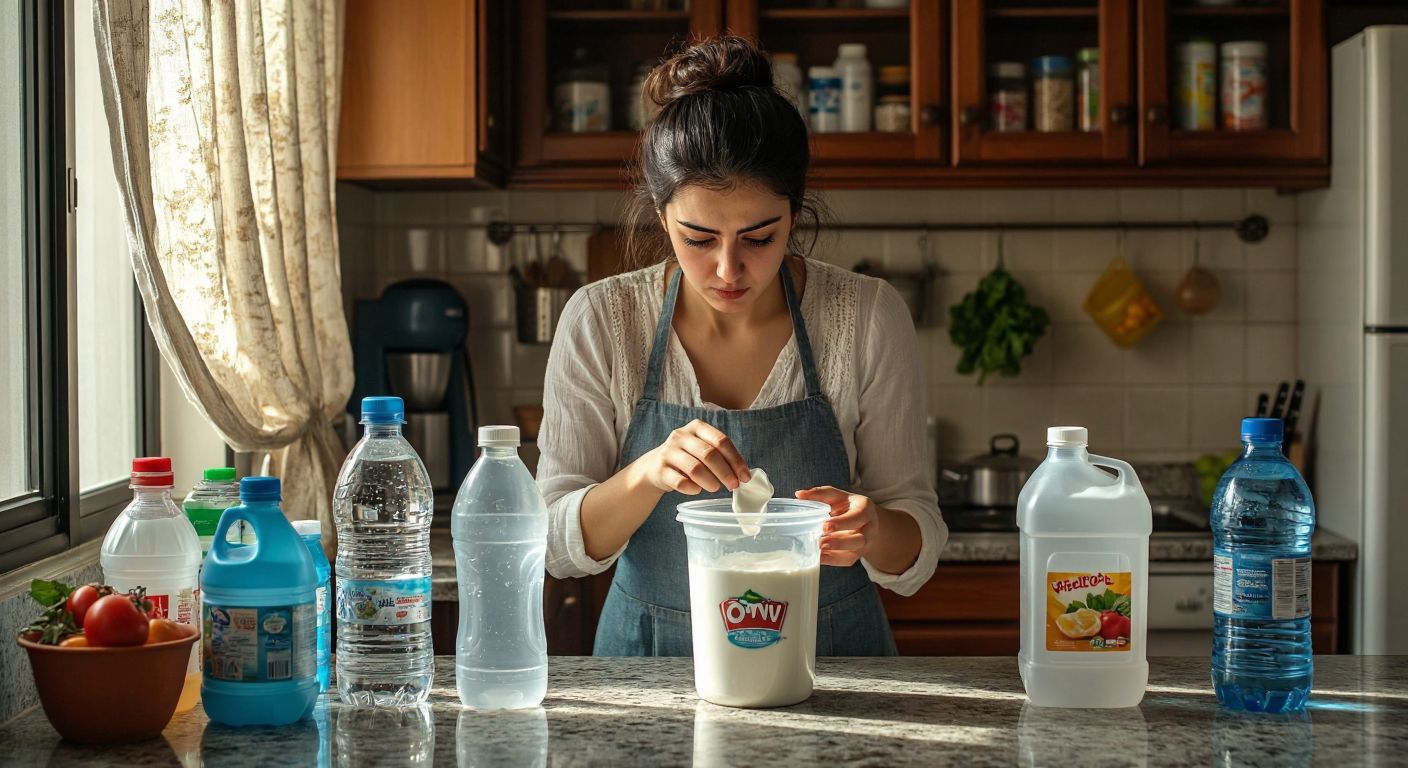 A Turkish woman in a kitchen examines the bottom of a plastic yogurt container, surrounded by various labeled plastic items like water bottles, detergent jugs, and shopping bags, with a focused and curious expression.