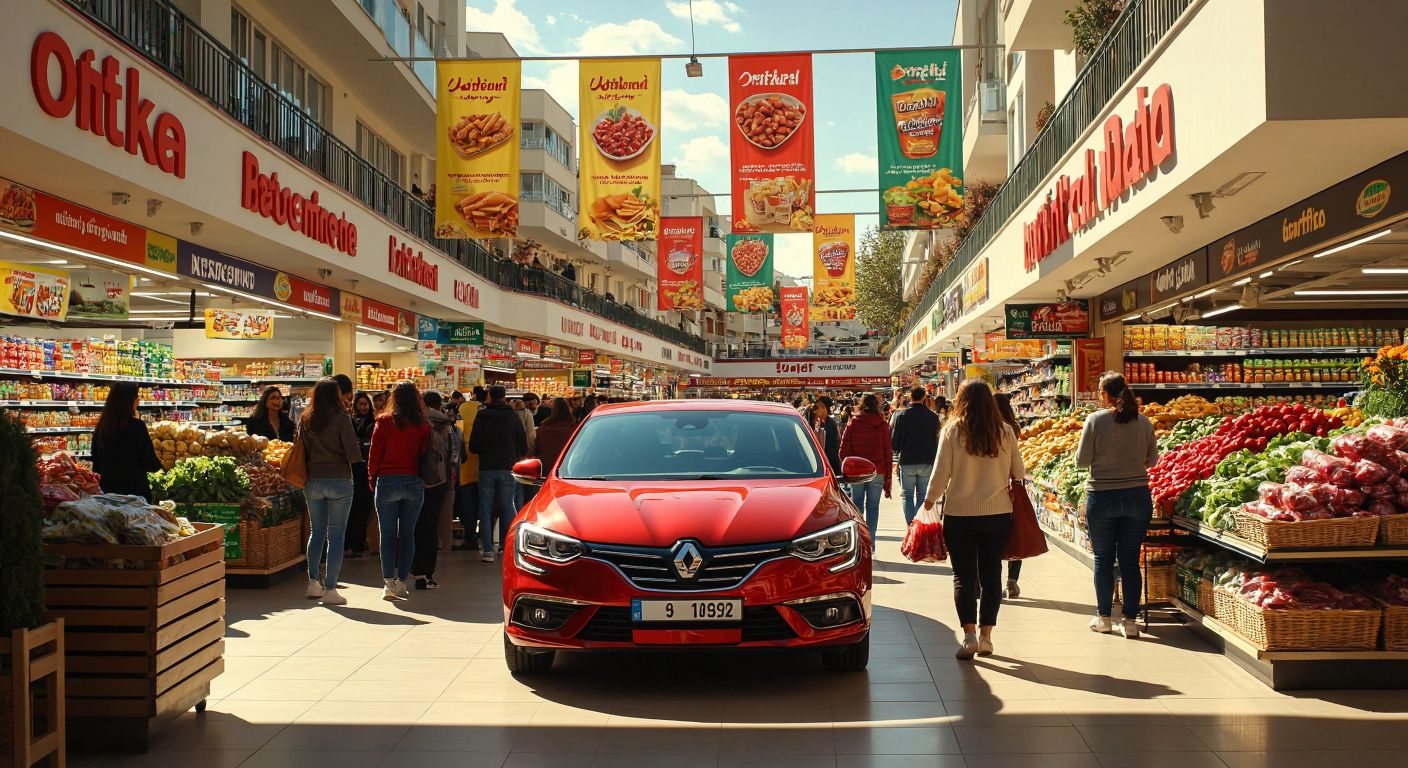 A bustling Turkish supermarket with colorful promotional banners, a shiny red car on display, and excited shoppers holding raffle tickets under warm sunlight.