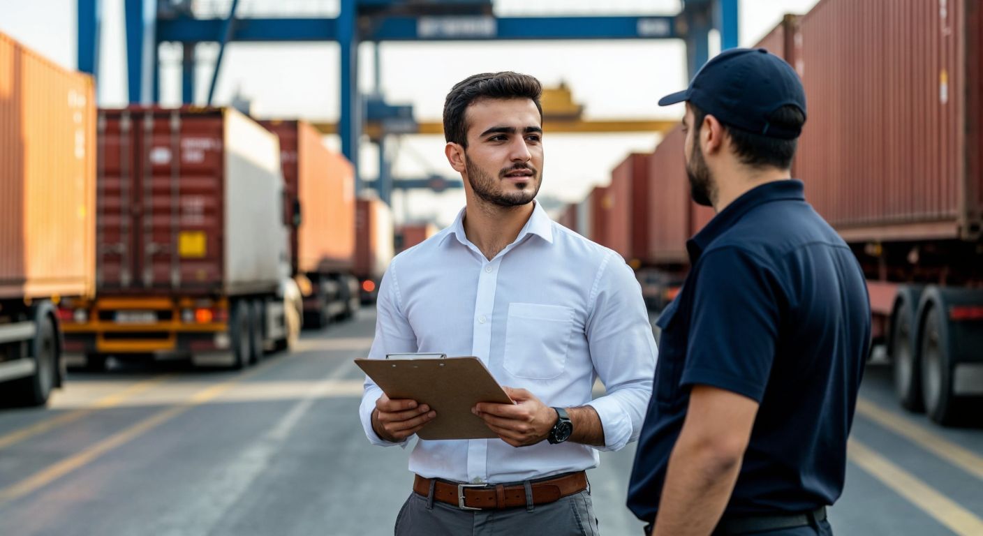 A determined young professional in a bustling Turkish port, wearing a crisp shirt and holding a clipboard, confidently overseeing shipping containers while conversing with a truck driver and a customs officer.