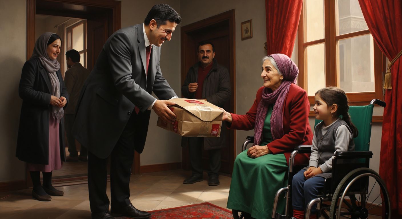 A warm Turkish government office with a kind official handing a food package and cash assistance to a grateful elderly woman, while a smiling child and a disabled person wait in line nearby.