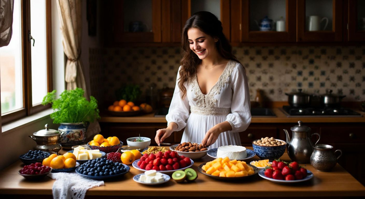 A young bride in a traditional Turkish kitchen, smiling as she prepares a colorful breakfast spread with fresh fruits, yogurt, cheese, and tea, while a bowl of nuts and dried fruits sits nearby.
