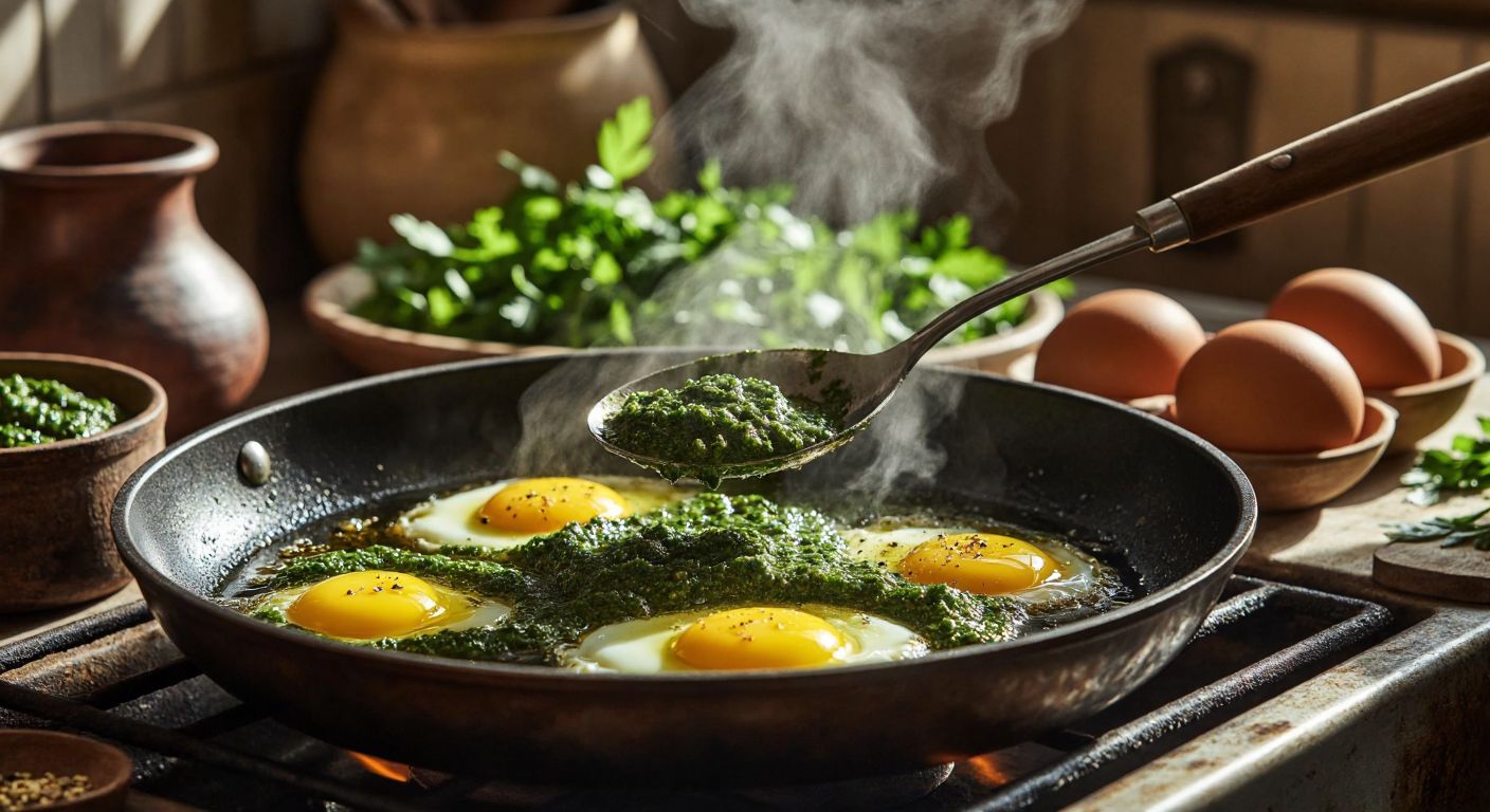 A close-up of a sizzling Turkish frying pan with golden olive oil, fresh green çemen paste being spooned in just before cracked eggs are added, surrounded by rustic kitchen utensils and warm morning light.