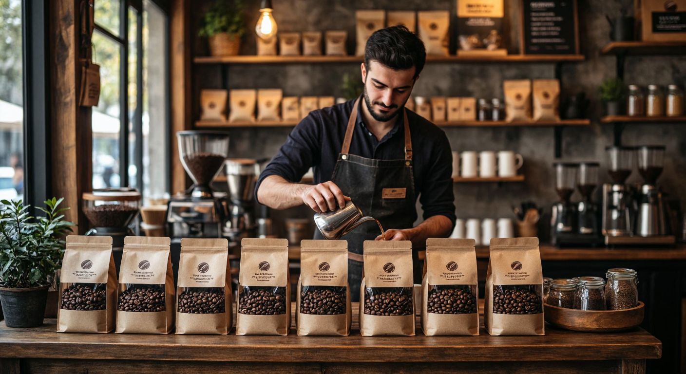 A warm, rustic café in Turkey with a wooden counter displaying bags of single-origin coffee beans from Peru, Ethiopia, Panama, and Costa Rica, while a barista in a dark apron carefully pours a freshly brewed cup, surrounded by the rich aroma of roasted coffee.