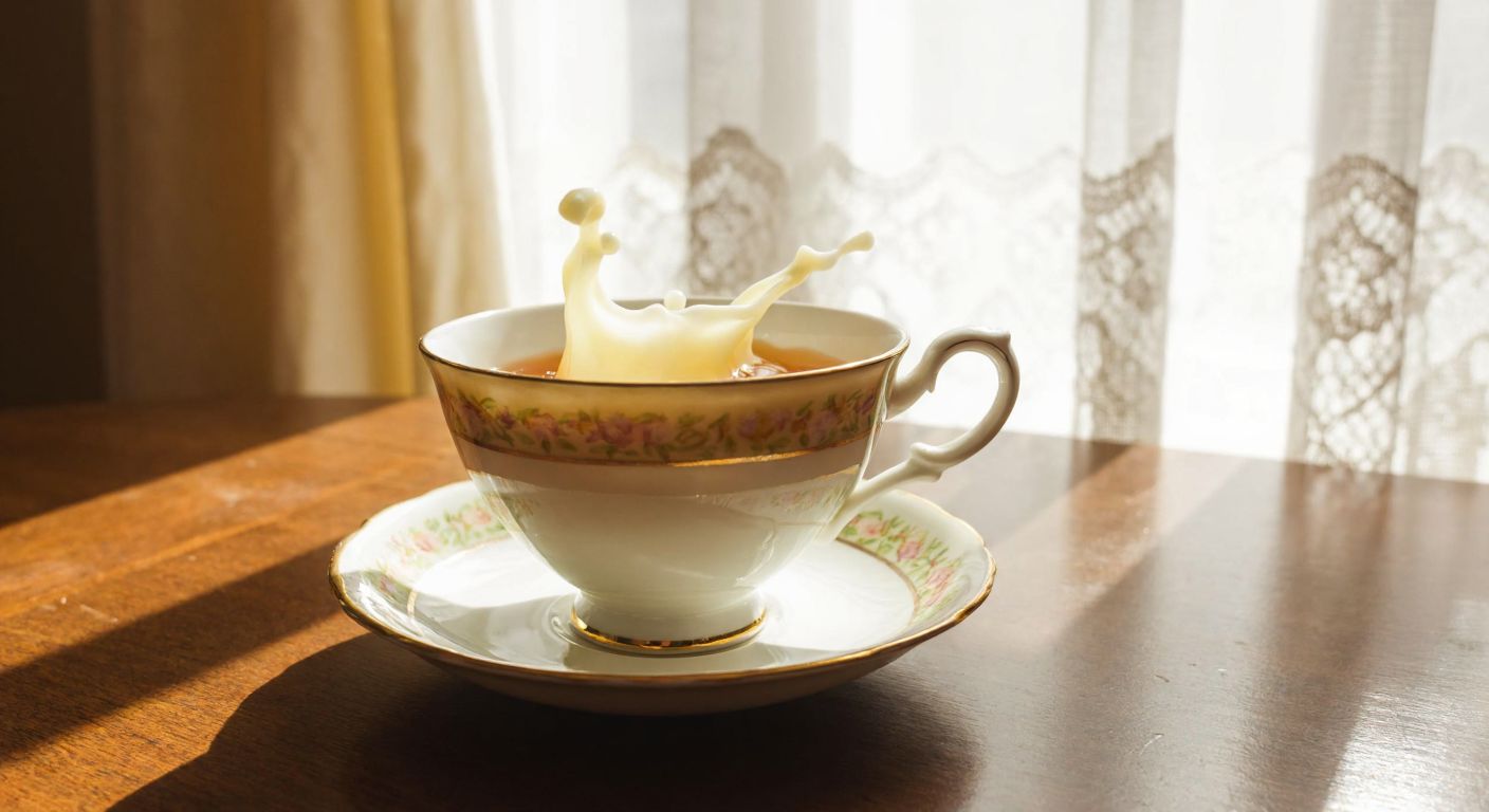 A delicate porcelain teacup filled with steaming tea and a splash of milk, placed on a wooden table in a cozy English cottage with sunlight streaming through lace curtains.