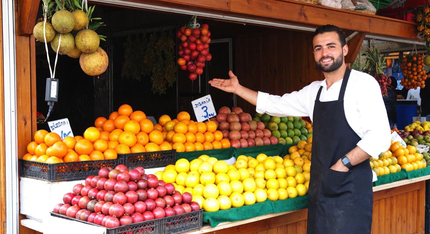 A vibrant wooden market stall in Turkey displays fresh turunç, taflan, tamarillo, tamarind, and sweet lemons, with a smiling vendor in a traditional apron gesturing toward the colorful fruits.