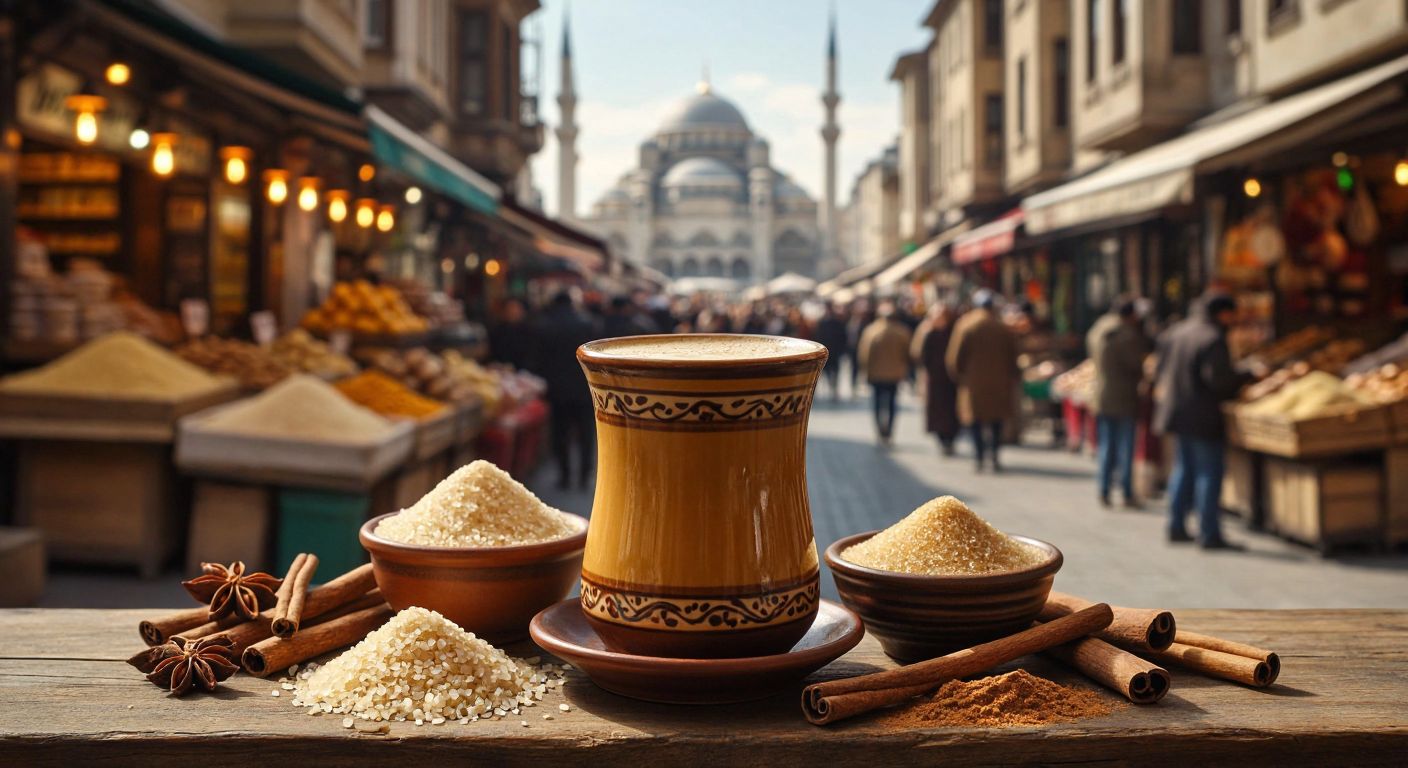A warm, golden-brown boza drink in a traditional Turkish ceramic cup, surrounded by ingredients like bulgur, sugar, and cinnamon, with a bustling Istanbul street market in the background.