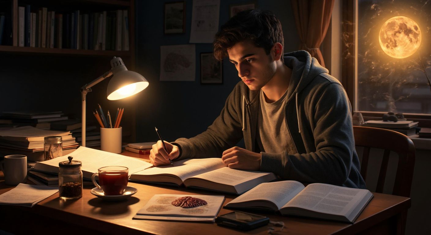 A focused Turkish student sits at a wooden desk with a biology textbook open, surrounded by scattered study notes and a steaming cup of çay, their face lit by determination under a warm lamplight.